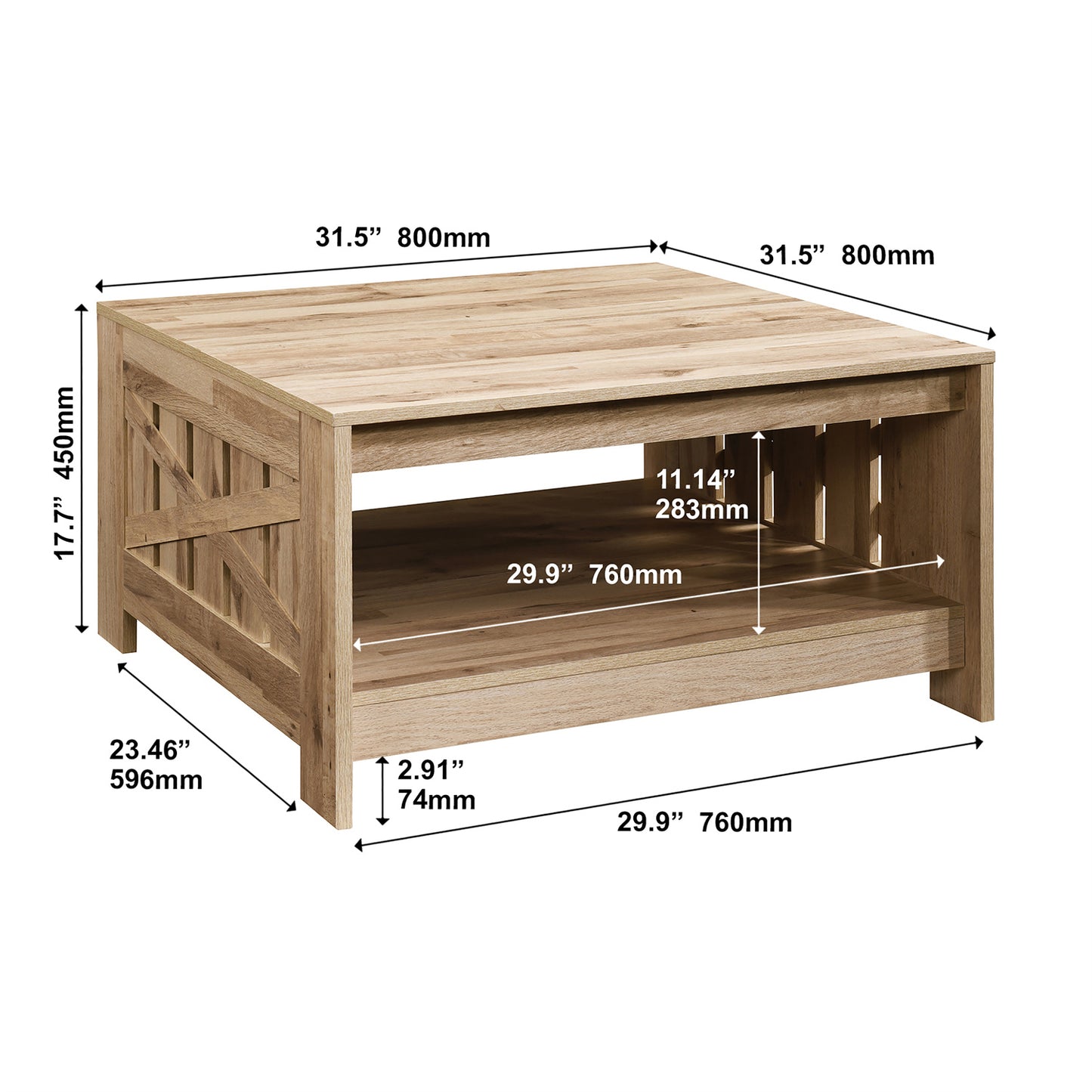 31.5 in. Farmhouse Square Coffee Table with Open Storage for Living Room