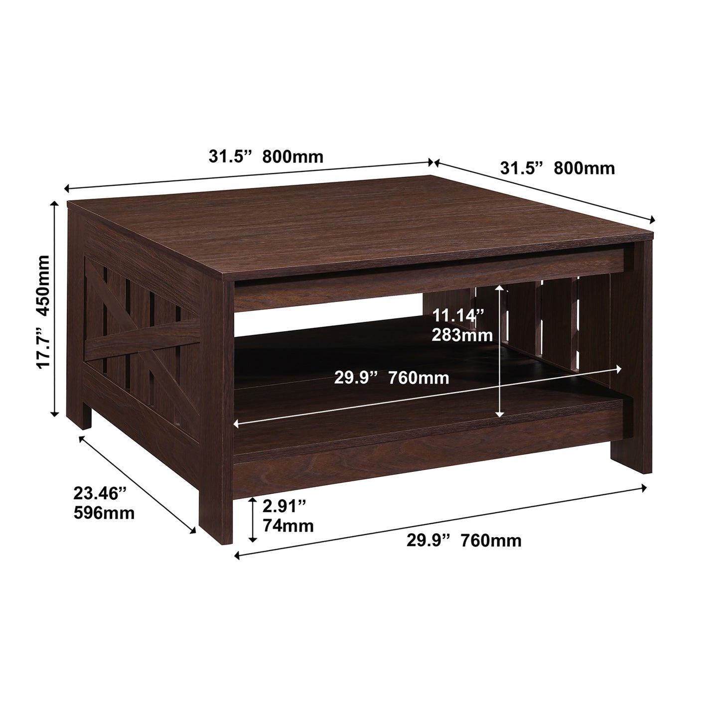31.5 in. Farmhouse Square Coffee Table with Open Storage for Living Room
