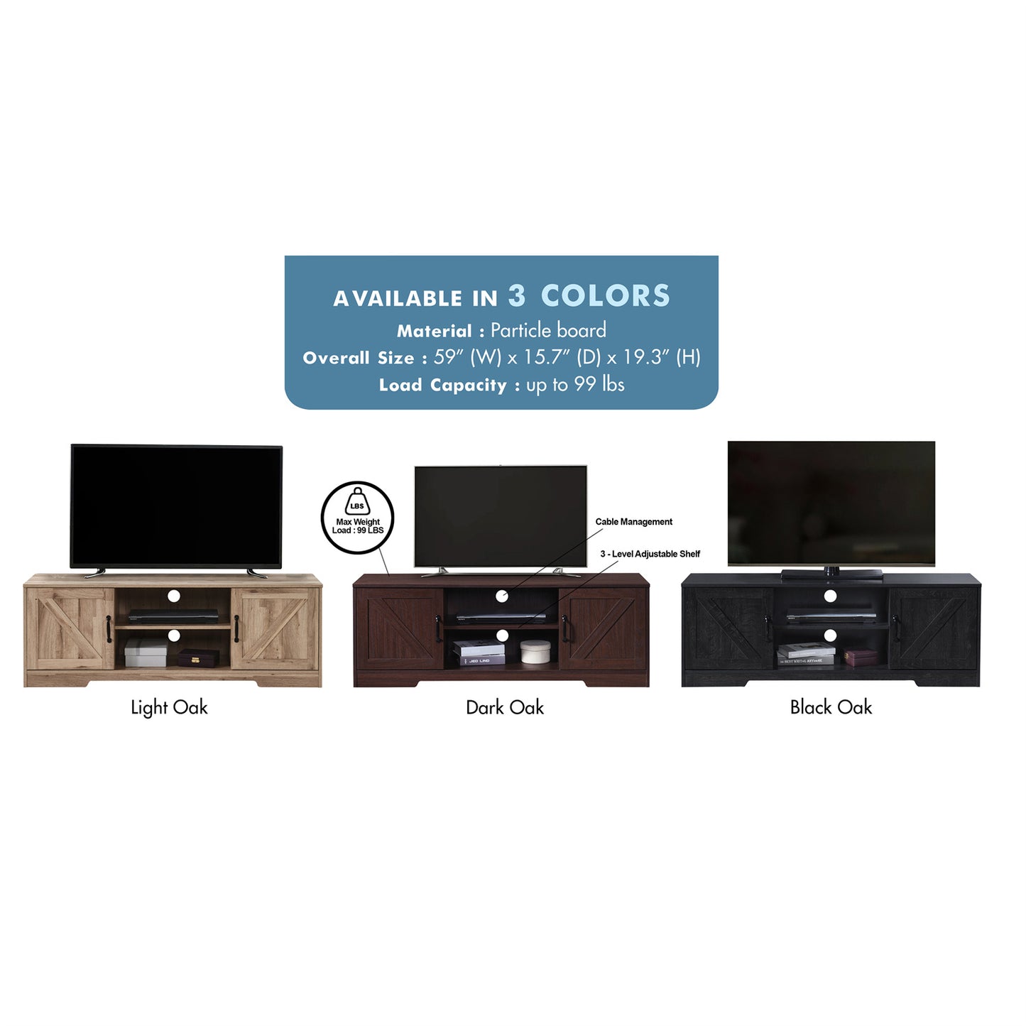 59 in. Farmhouse TV Stand For TVs Up To 59" with 2 Storage Cabinets, Wood Barn Door Media Television Console Table With Storage, Modern Entertainment Center For Living Room