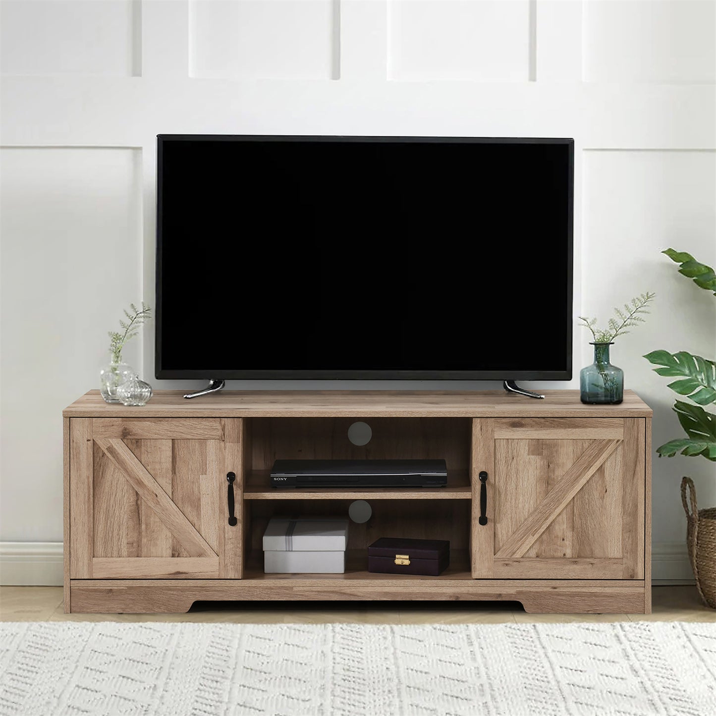 59 in. Farmhouse TV Stand For TVs Up To 59" with 2 Storage Cabinets, Wood Barn Door Media Television Console Table With Storage, Modern Entertainment Center For Living Room