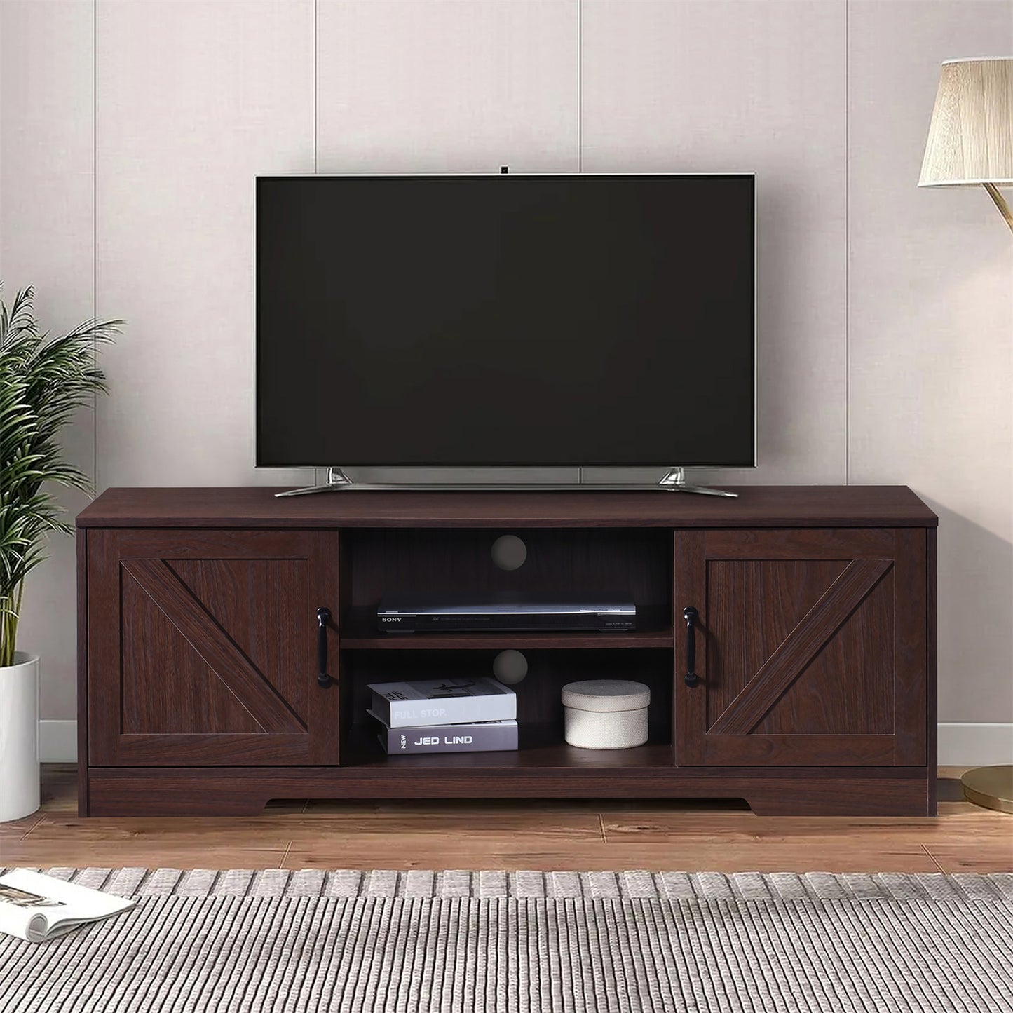 59 in. Farmhouse TV Stand For TVs Up To 59" with 2 Storage Cabinets, Wood Barn Door Media Television Console Table With Storage, Modern Entertainment Center For Living Room