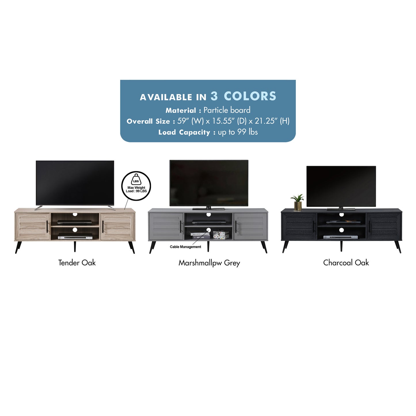 59 in. Wood TV Stand with 2 Storage Cabinets Fits TV's up to 65 in.