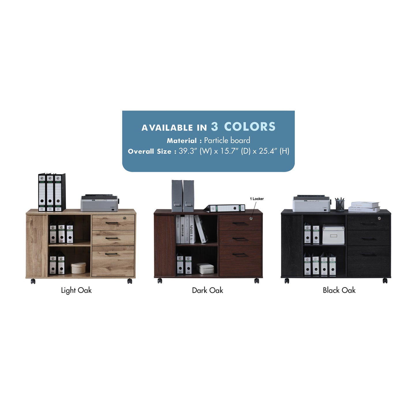 3-Drawer 39in. W Rolling Lateral Filing Cabinet with Locker and Open Storage Shelves for Home Office and Kids Room