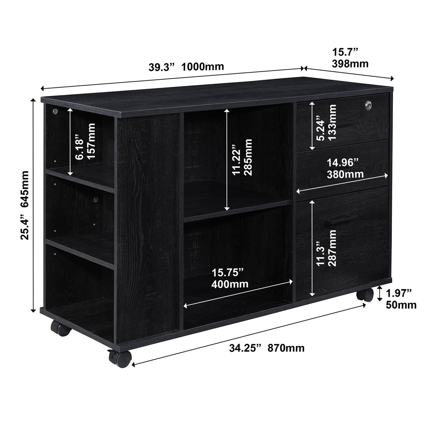 3-Drawer 39in. W Rolling Lateral Filing Cabinet with Locker and Open Storage Shelves for Home Office and Kids Room