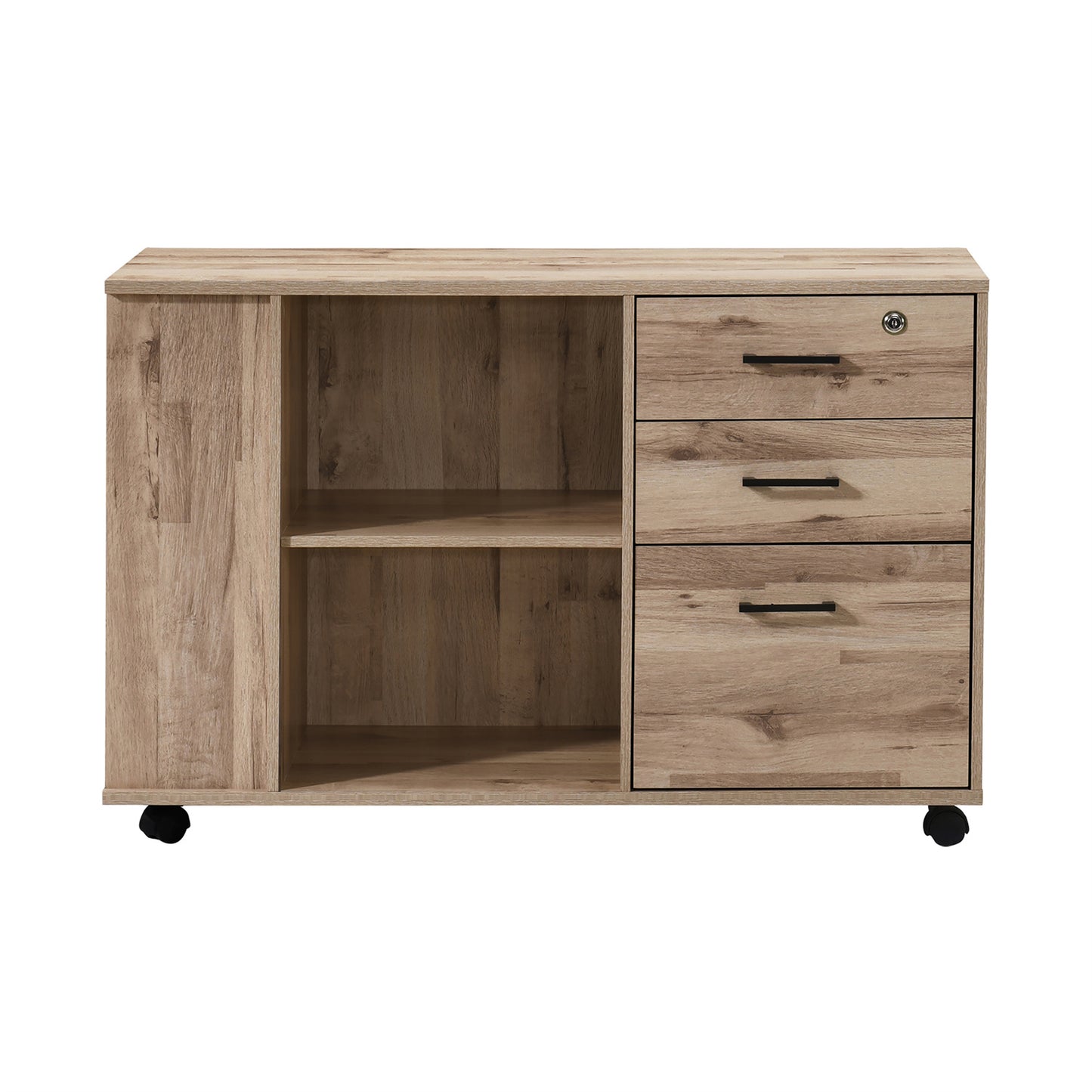 3-Drawer 39in. W Rolling Lateral Filing Cabinet with Locker and Open Storage Shelves for Home Office and Kids Room
