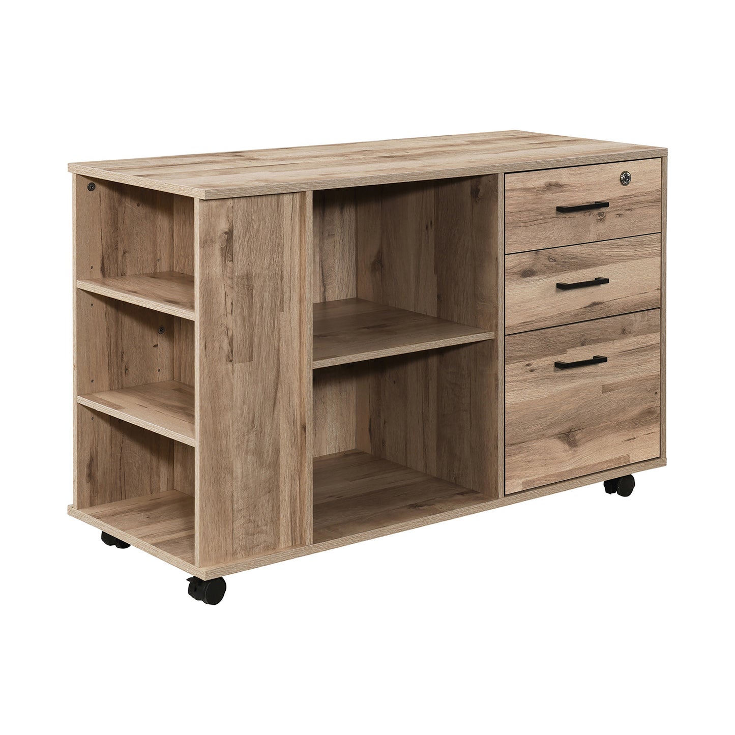 3-Drawer 39in. W Rolling Lateral Filing Cabinet with Locker and Open Storage Shelves for Home Office and Kids Room