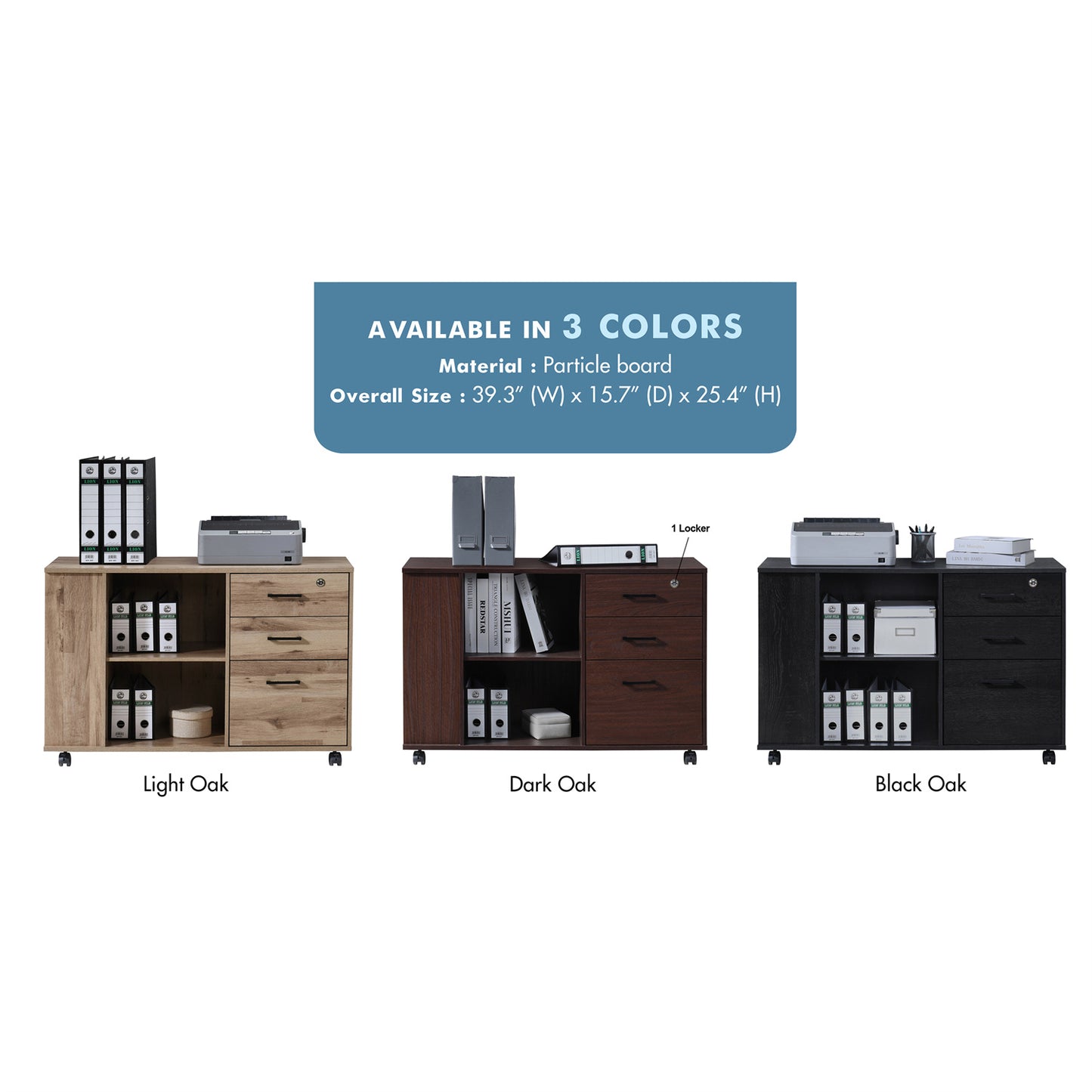 3-Drawer 39in. W Rolling Lateral Filing Cabinet with Locker and Open Storage Shelves for Home Office and Kids Room