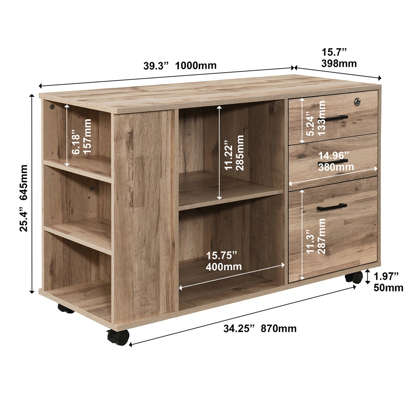 3-Drawer 39in. W Rolling Lateral Filing Cabinet with Locker and Open Storage Shelves for Home Office and Kids Room