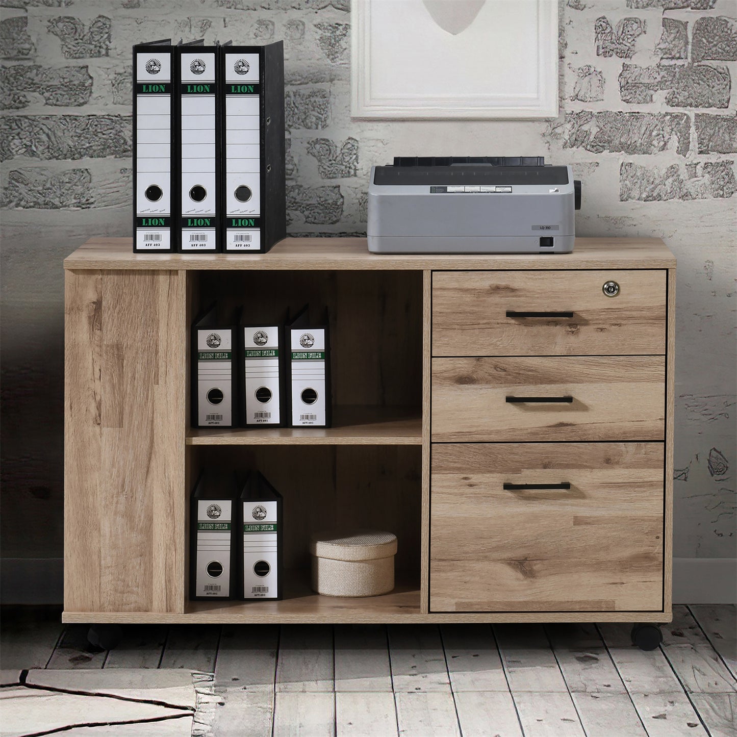 3-Drawer 39in. W Rolling Lateral Filing Cabinet with Locker and Open Storage Shelves for Home Office and Kids Room