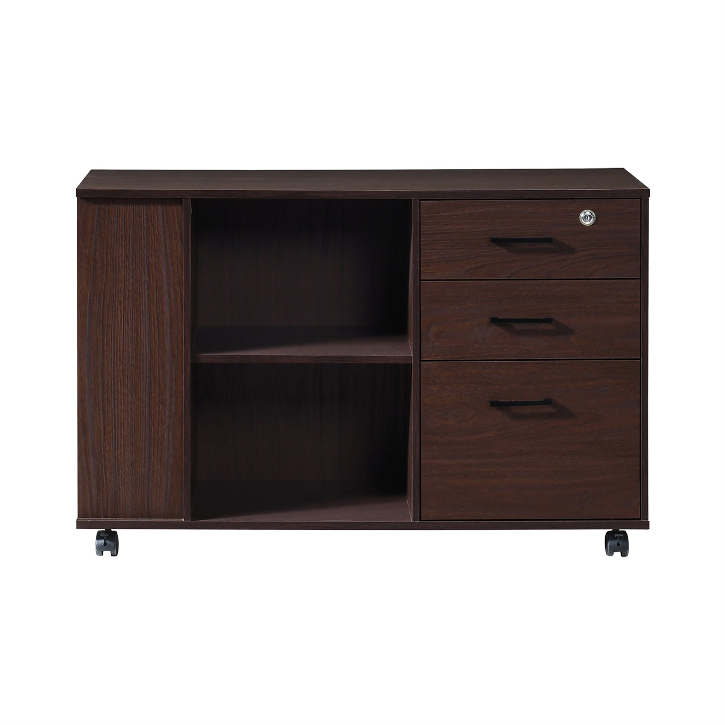 3-Drawer 39in. W Rolling Lateral Filing Cabinet with Locker and Open Storage Shelves for Home Office and Kids Room
