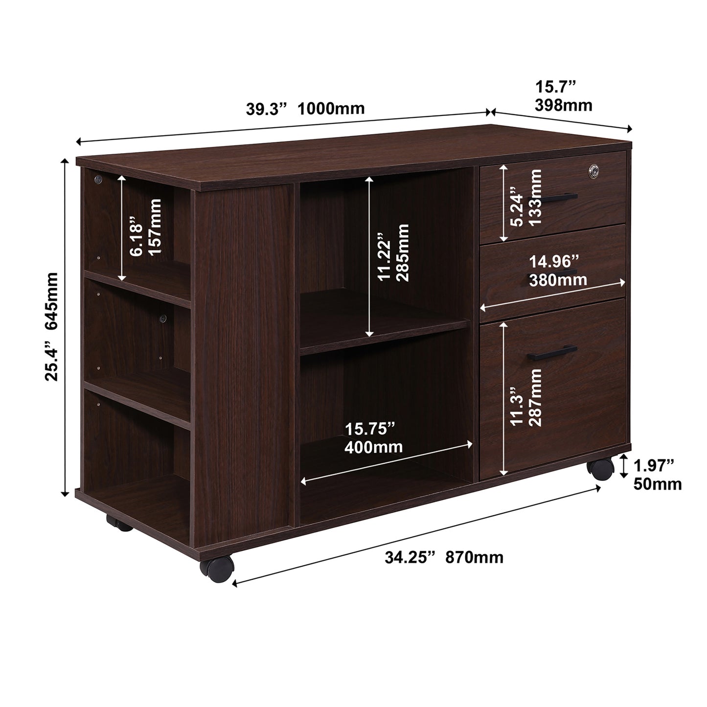 3-Drawer 39in. W Rolling Lateral Filing Cabinet with Locker and Open Storage Shelves for Home Office and Kids Room
