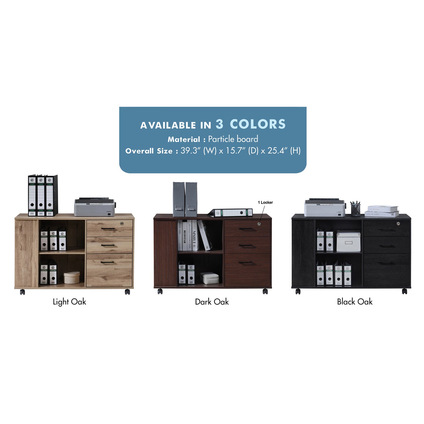 3-Drawer 39in. W Rolling Lateral Filing Cabinet with Locker and Open Storage Shelves for Home Office and Kids Room