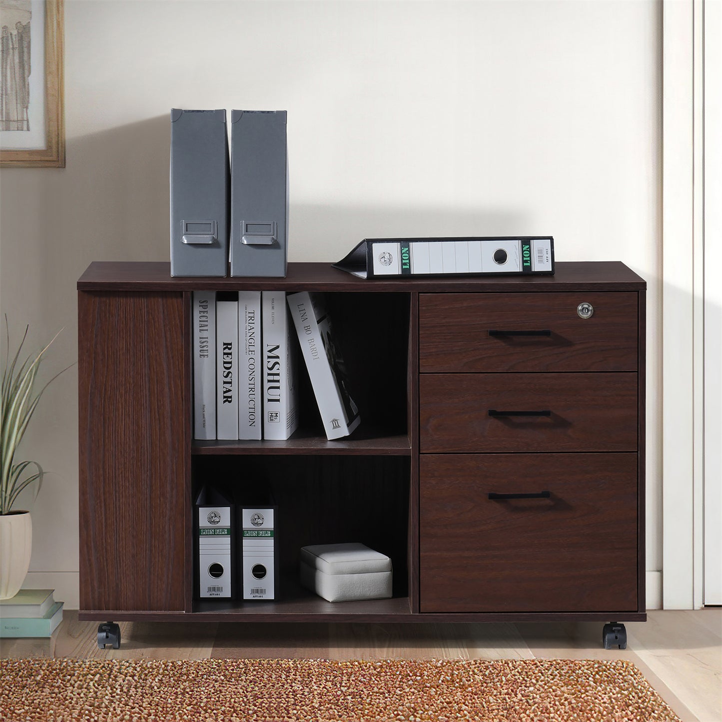 3-Drawer 39in. W Rolling Lateral Filing Cabinet with Locker and Open Storage Shelves for Home Office and Kids Room