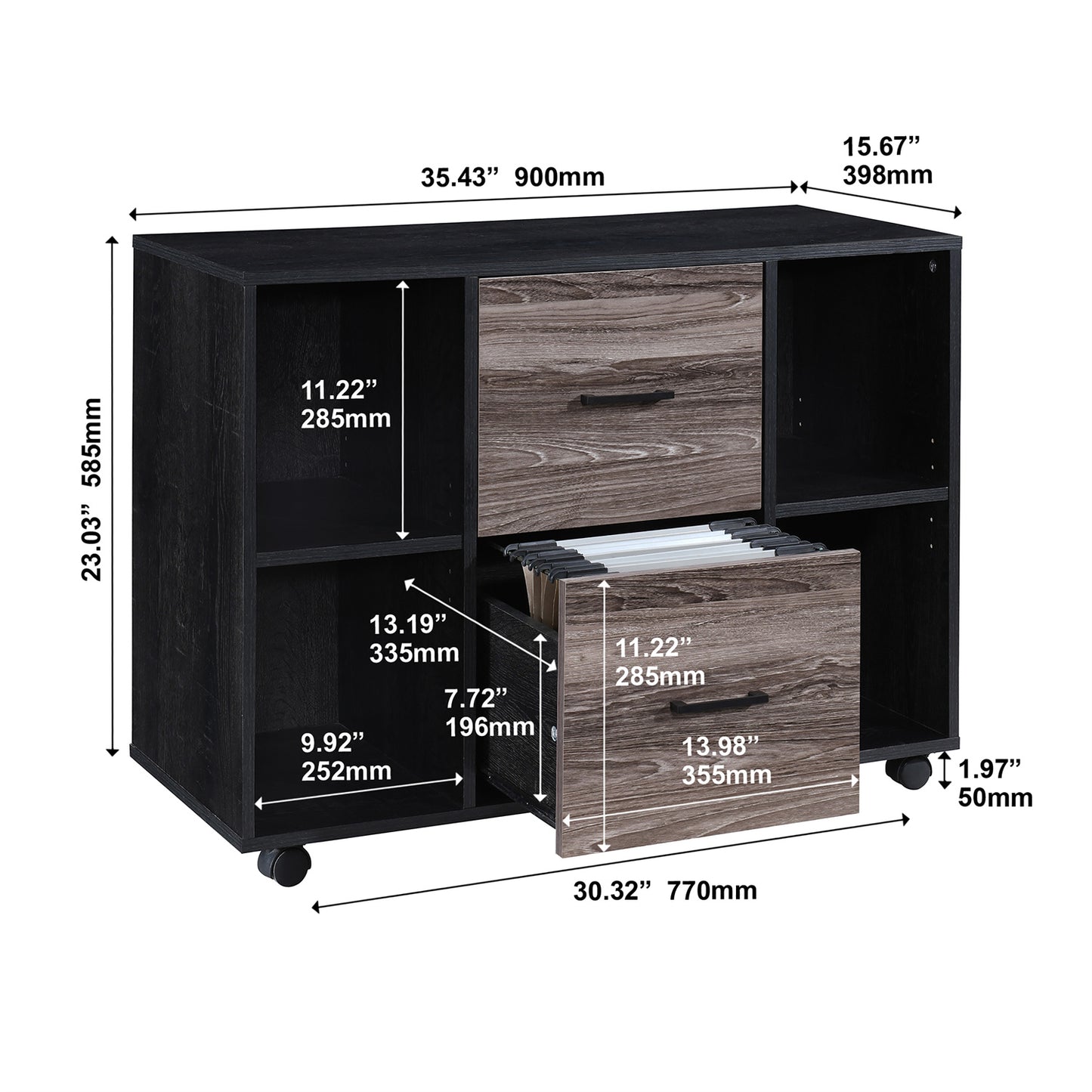 2-Drawer 39in. W File Cabinet for Home Office, Mobile Lateral Filing Cabinet, Printer Stand with Open Storage Shelves for Kids Room
