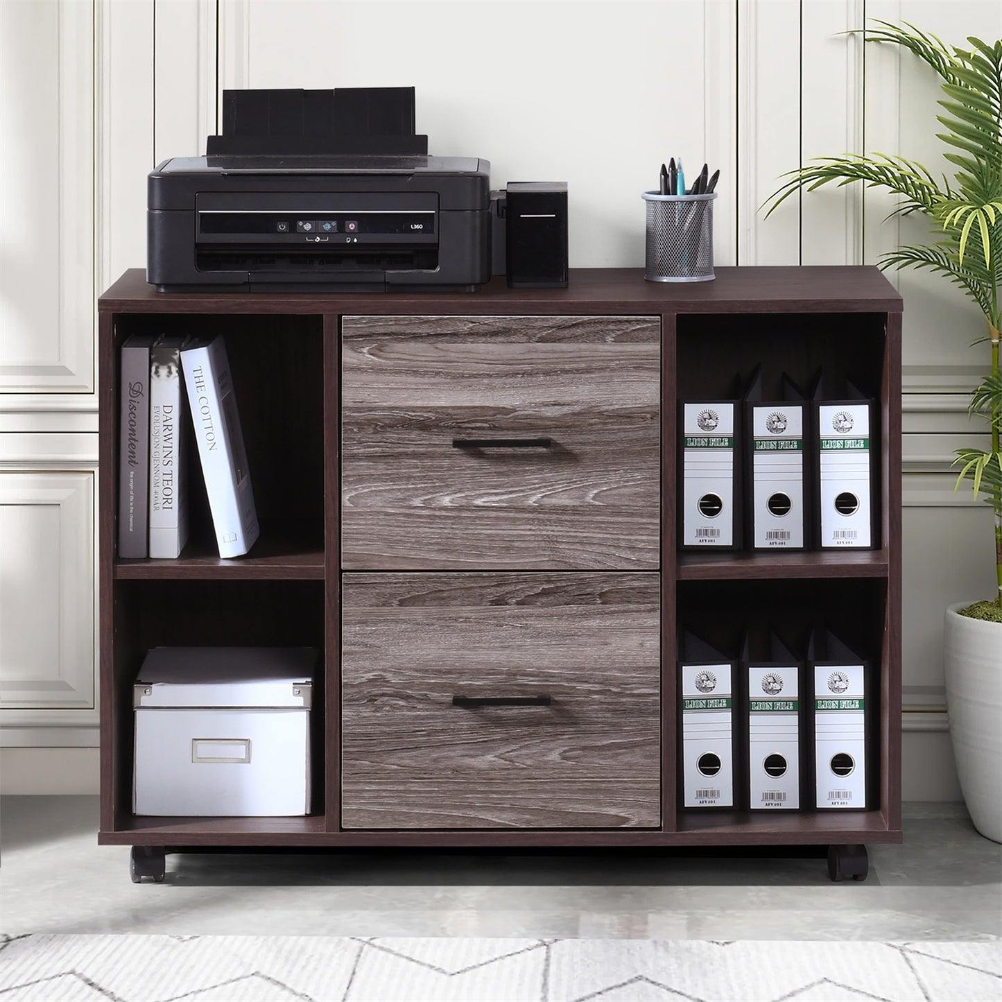 2-Drawer 39in. W File Cabinet for Home Office, Mobile Lateral Filing Cabinet, Printer Stand with Open Storage Shelves for Kids Room