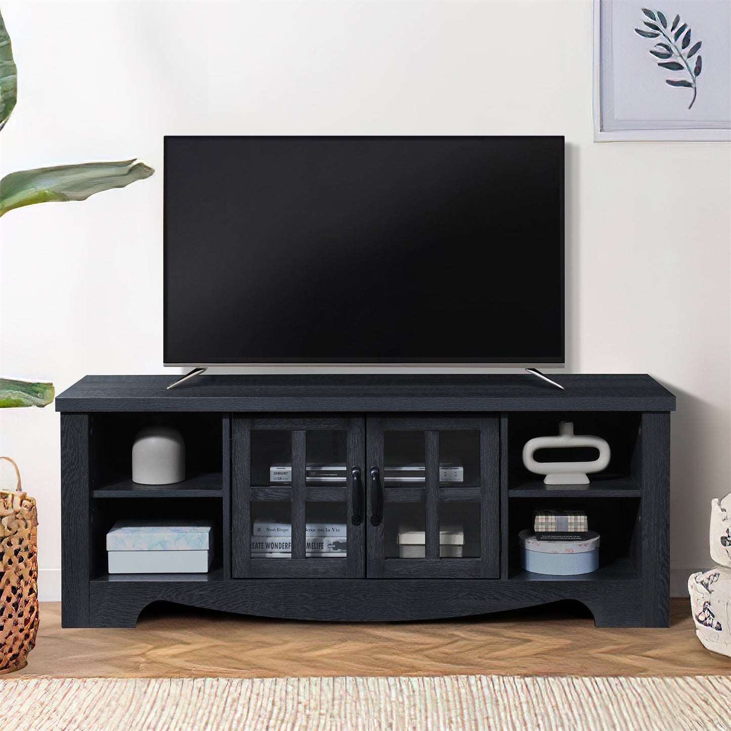 52.37 in.  Wood TV Stand with 1 Glass-fronted Storage Cabinets Fits TV's up to 60 in.