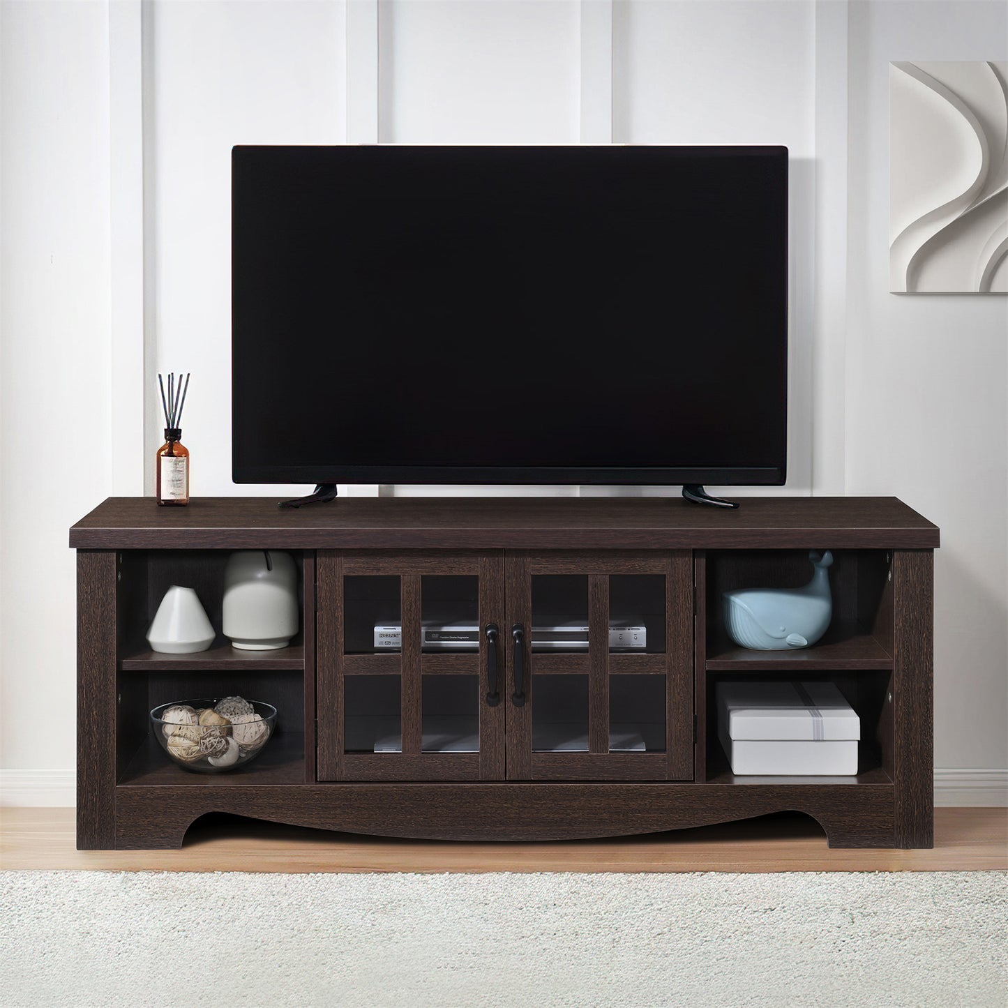 52.37 in.  Wood TV Stand with 1 Glass-fronted Storage Cabinets Fits TV's up to 60 in.