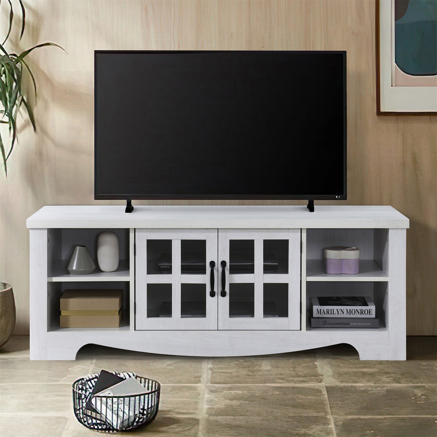 52.37 in.  Wood TV Stand with 1 Glass-fronted Storage Cabinets Fits TV's up to 60 in.