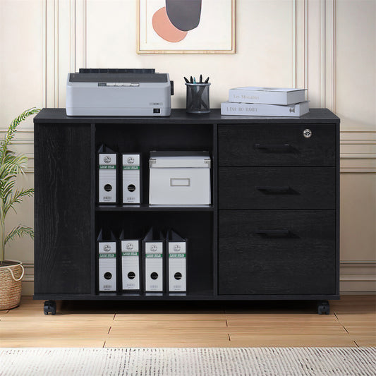 3-Drawer 39in. W Rolling Lateral Filing Cabinet with Locker and Open Storage Shelves for Home Office and Kids Room